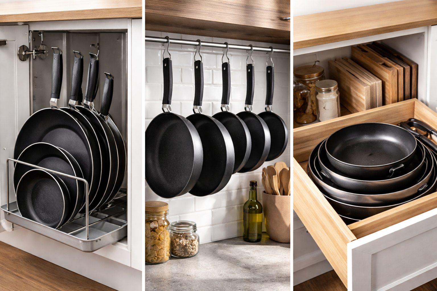 フライパン収納の答えは「立てる・吊るす・重ねる」の3タイプ