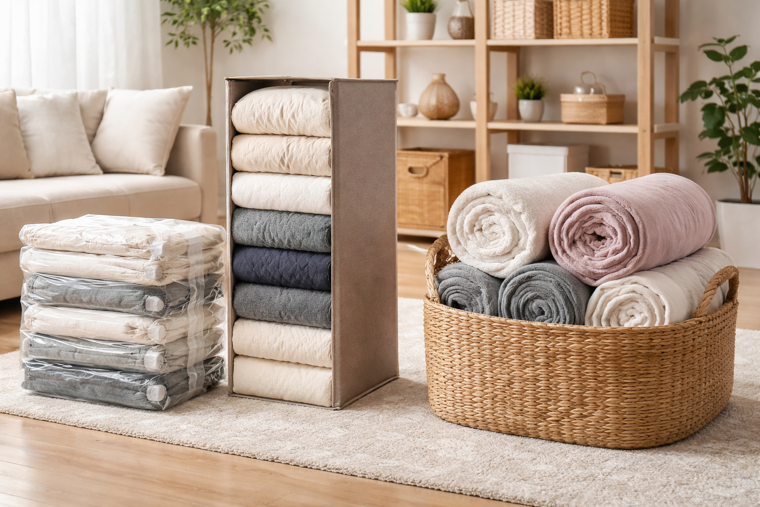 毛布 収納 アイデアの決定版！「圧縮・縦置き・兼用」が成功の鍵